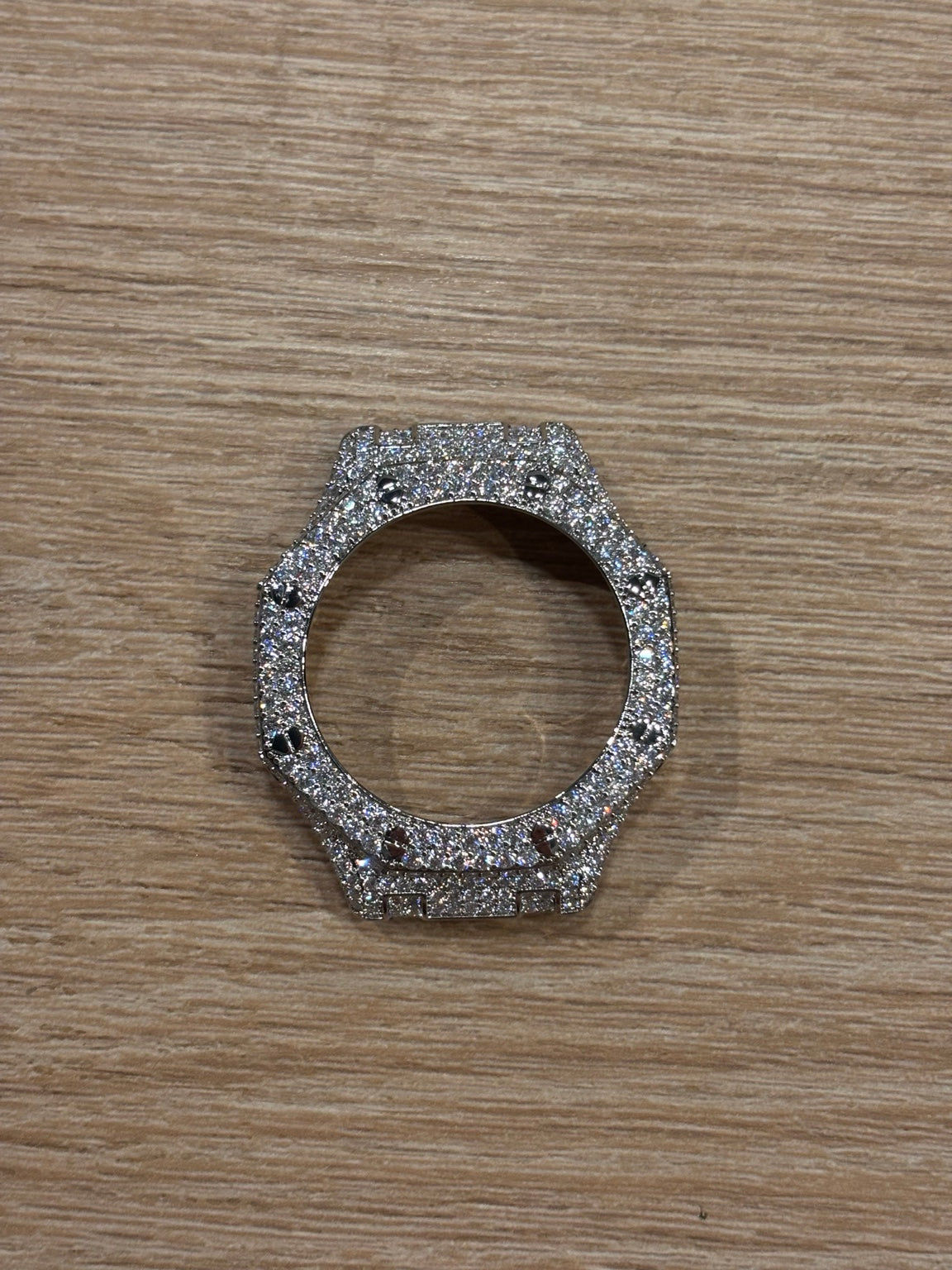 Silver-tone iced-out moissanite bezel cover for GA-2100 watches, front view