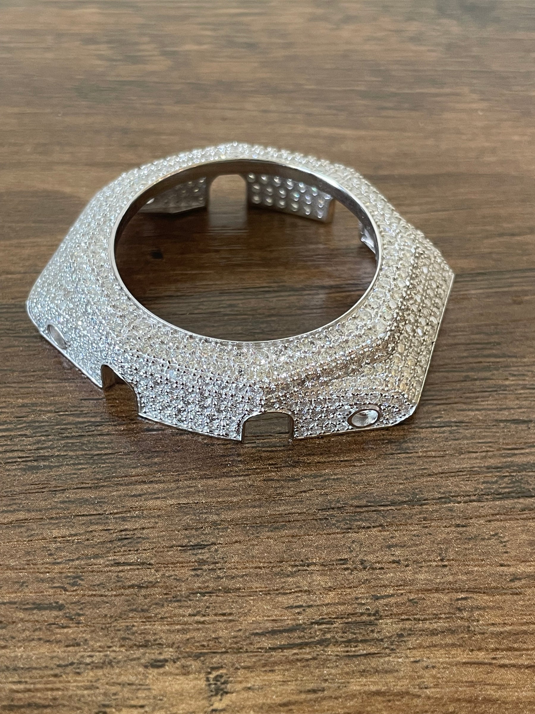Iced moissanite GA2100 replacement bezel in sterling silver, angled view