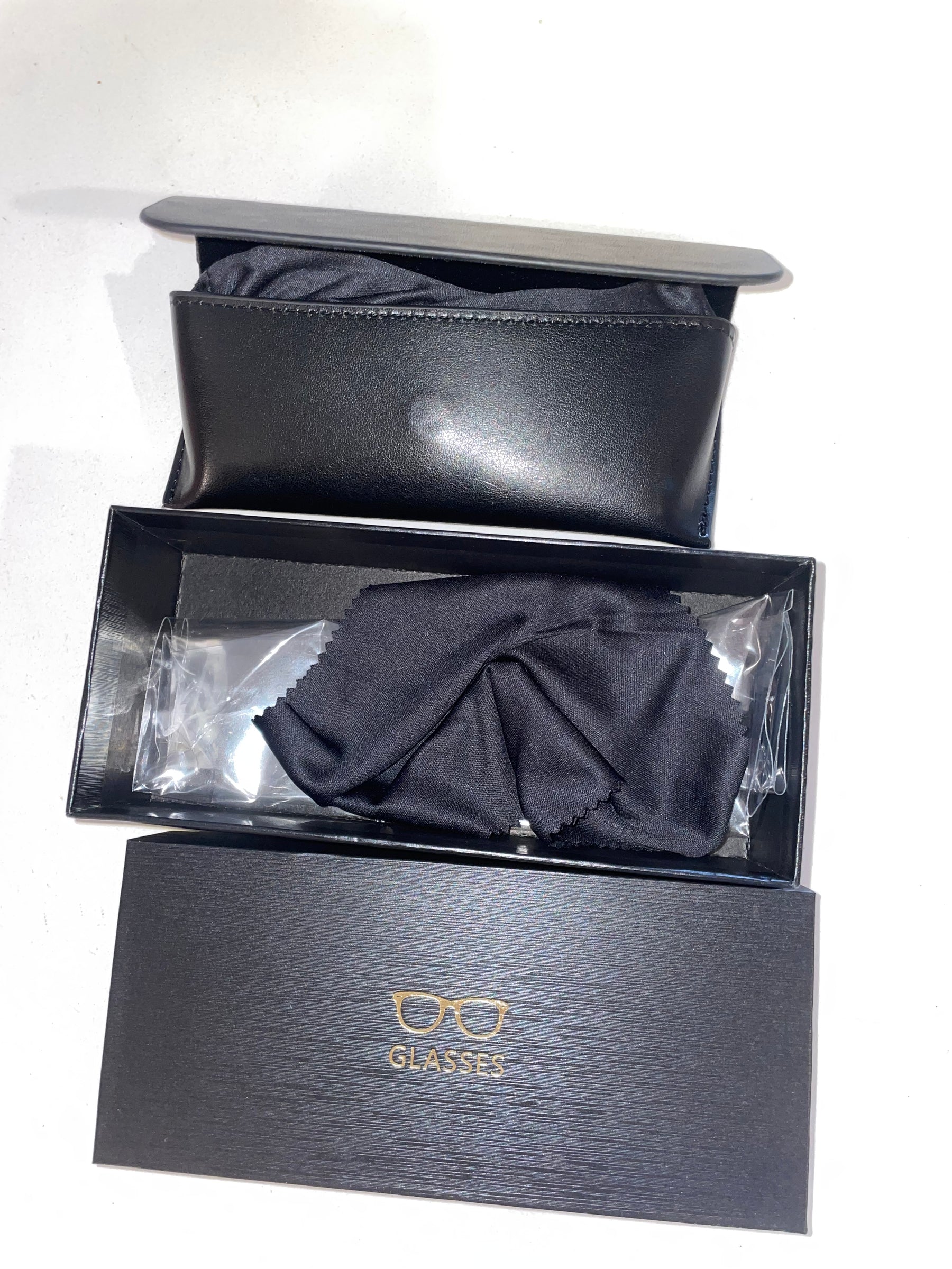 Included glasses box, protective case, cleaning cloth and accessories