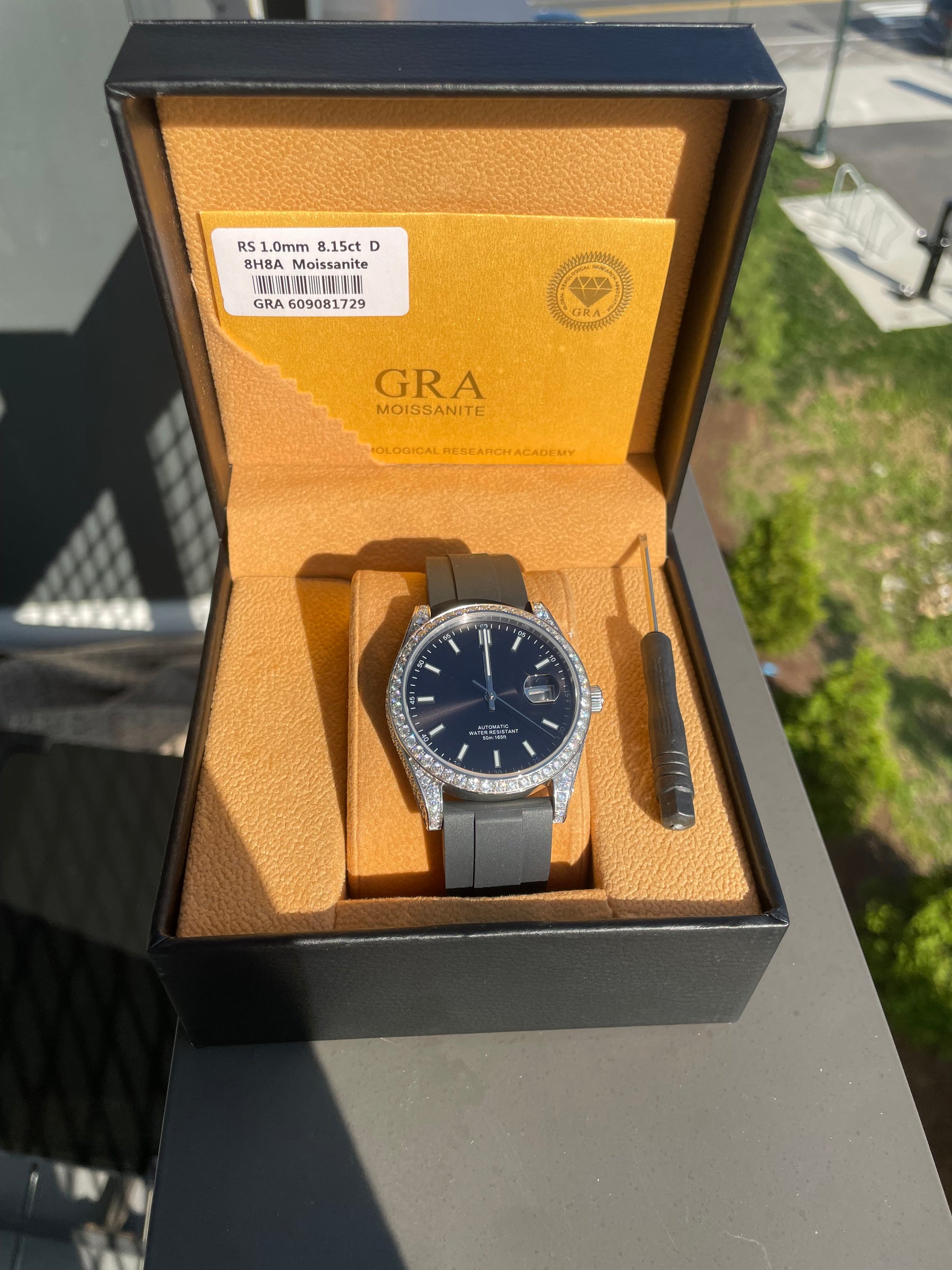 S1196S moissanite automatic watch with black dial in presentation box